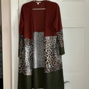 Mix print color block leopard print lightweight open duster cardigan 1X
